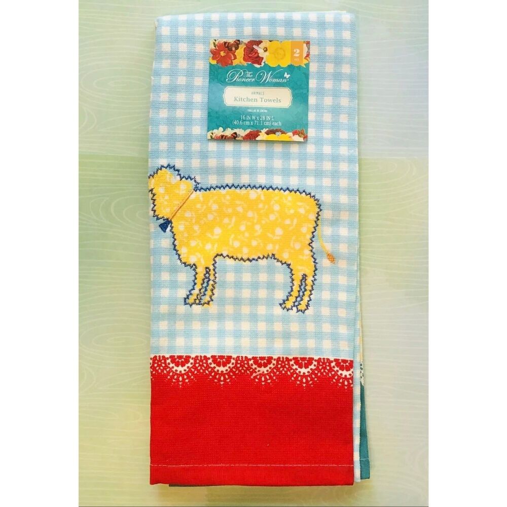 Pioneer Woman Cow Bird Kitchen Towel Set Vintage Farm Country Gingham 2pc
